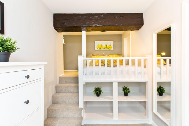 Bedroom 2 with ensuite shower. Please note| raised platform with double mattress (3ft from floor accessed via steps with low ceiling height) – great for children (not suitable for guests with mobility issues as there are steps up to it)