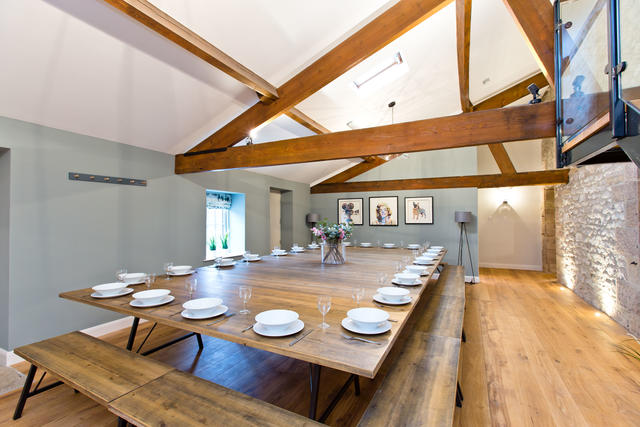 Flexible dining arrangements for up to 48 guests in the Barn Flexible dining arrangements for up to 48 guests in the Barn